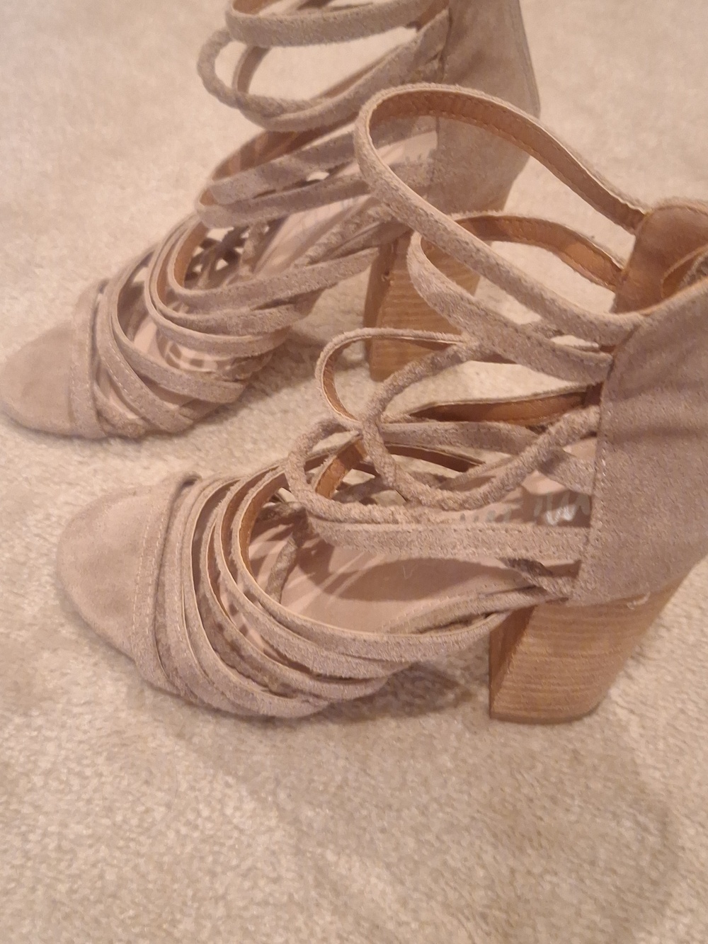 mi,im Strappy Taupe Suede High Block Heel Sandals - Women Geniune Leather Size 7